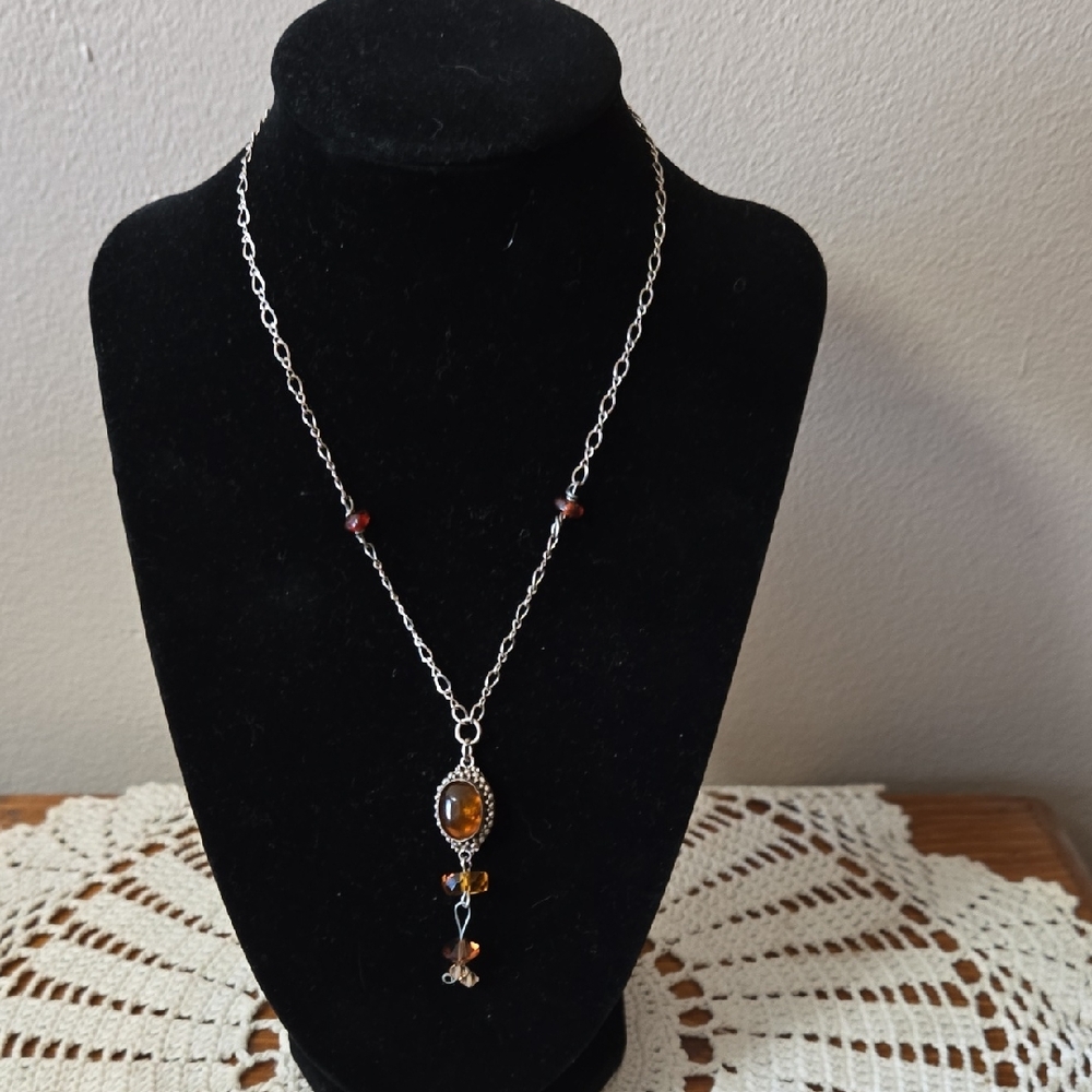 Amber Glass Pendant Necklace with Silver Chain